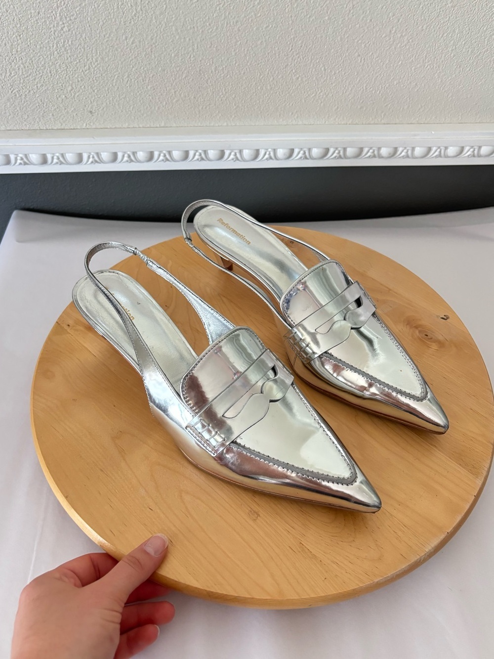 NEW Reformation Patent Leather Silver Metallic Pointer Loafer Slingback Heels